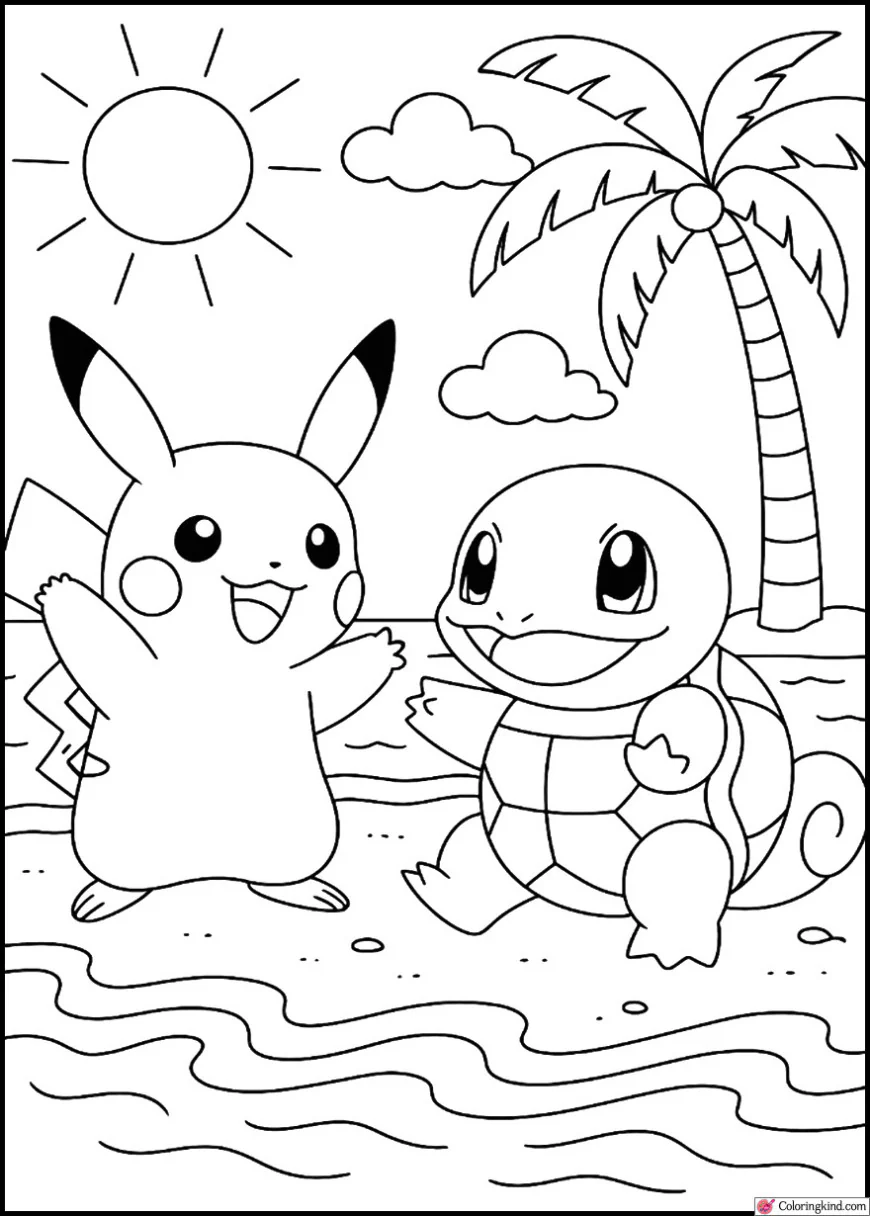 Pikachu with Squirtle on a beach