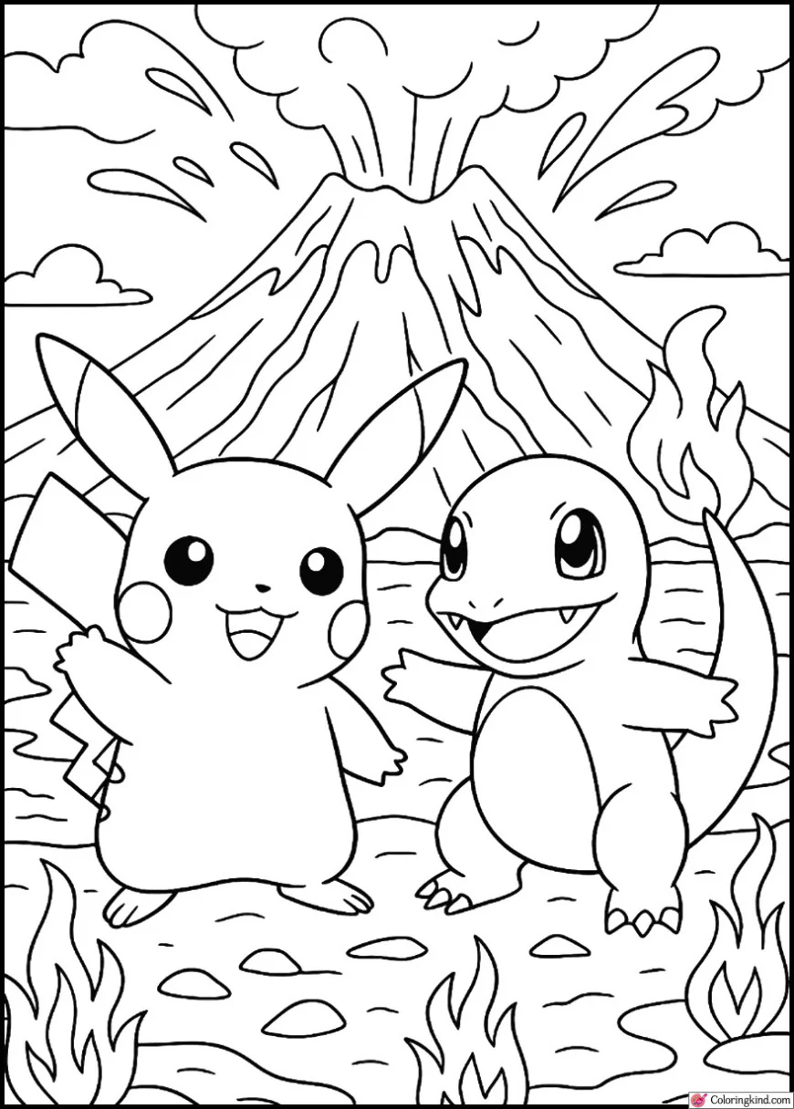 Pikachu with Charmander in a volcano