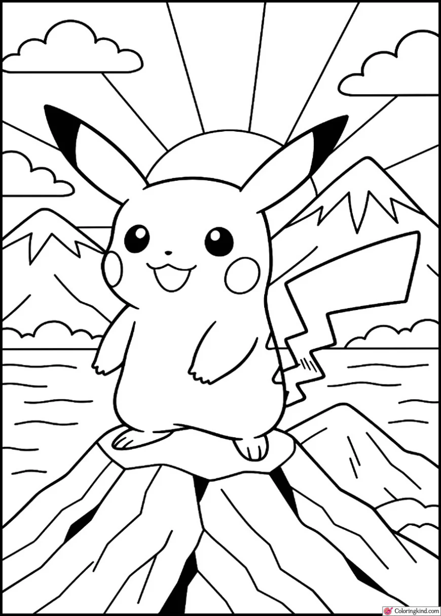 Pikachu standing on mountain with sunrise