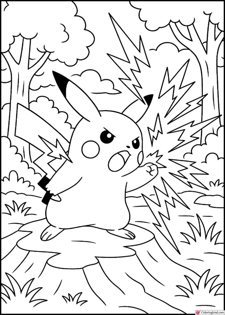 Pikachu using thunder attack in a forest