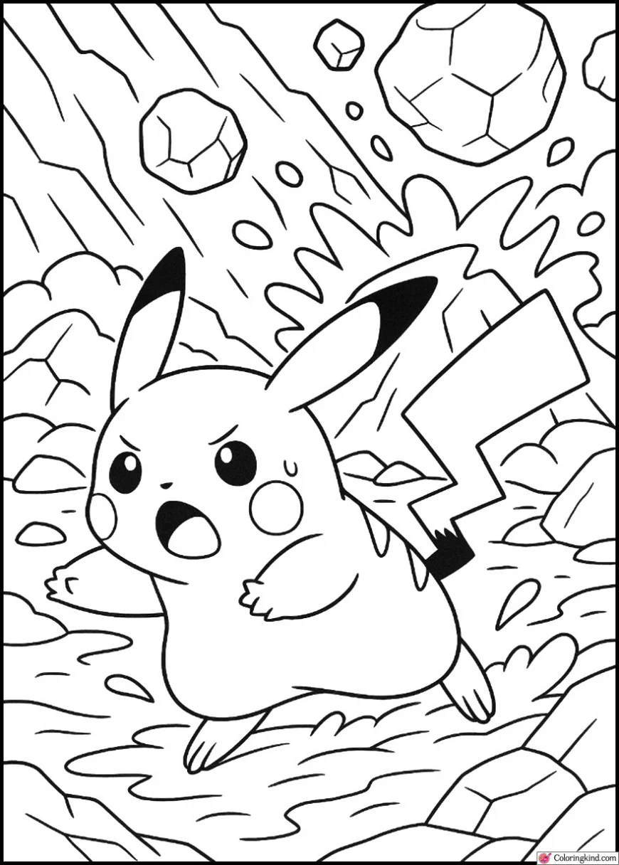 Pikachu running from a rockslide