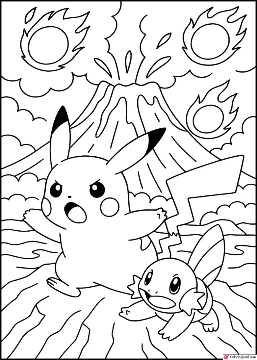 Pikachu dodging fireballs in volcano