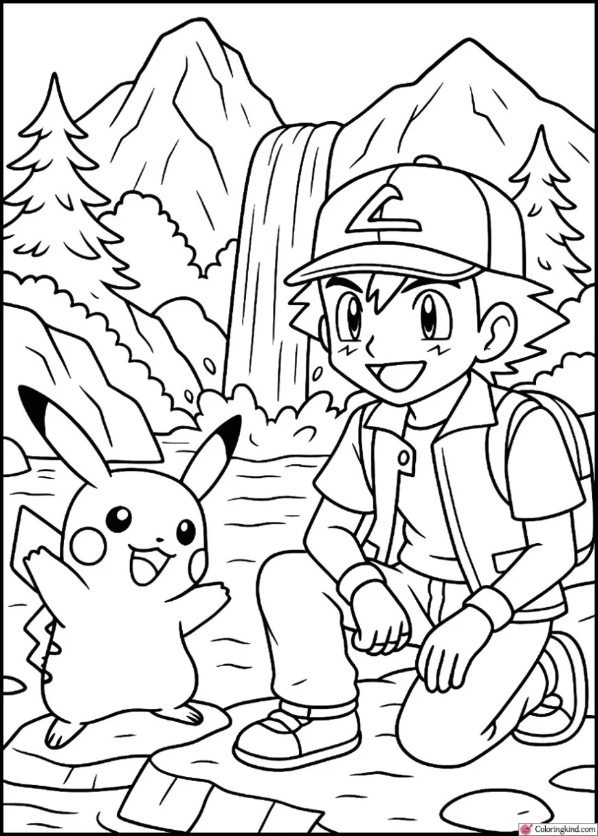 Ash and Pikachu by a mountain waterfall
