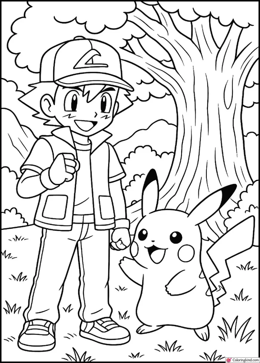 Ash and Pikachu near a giant oak tree