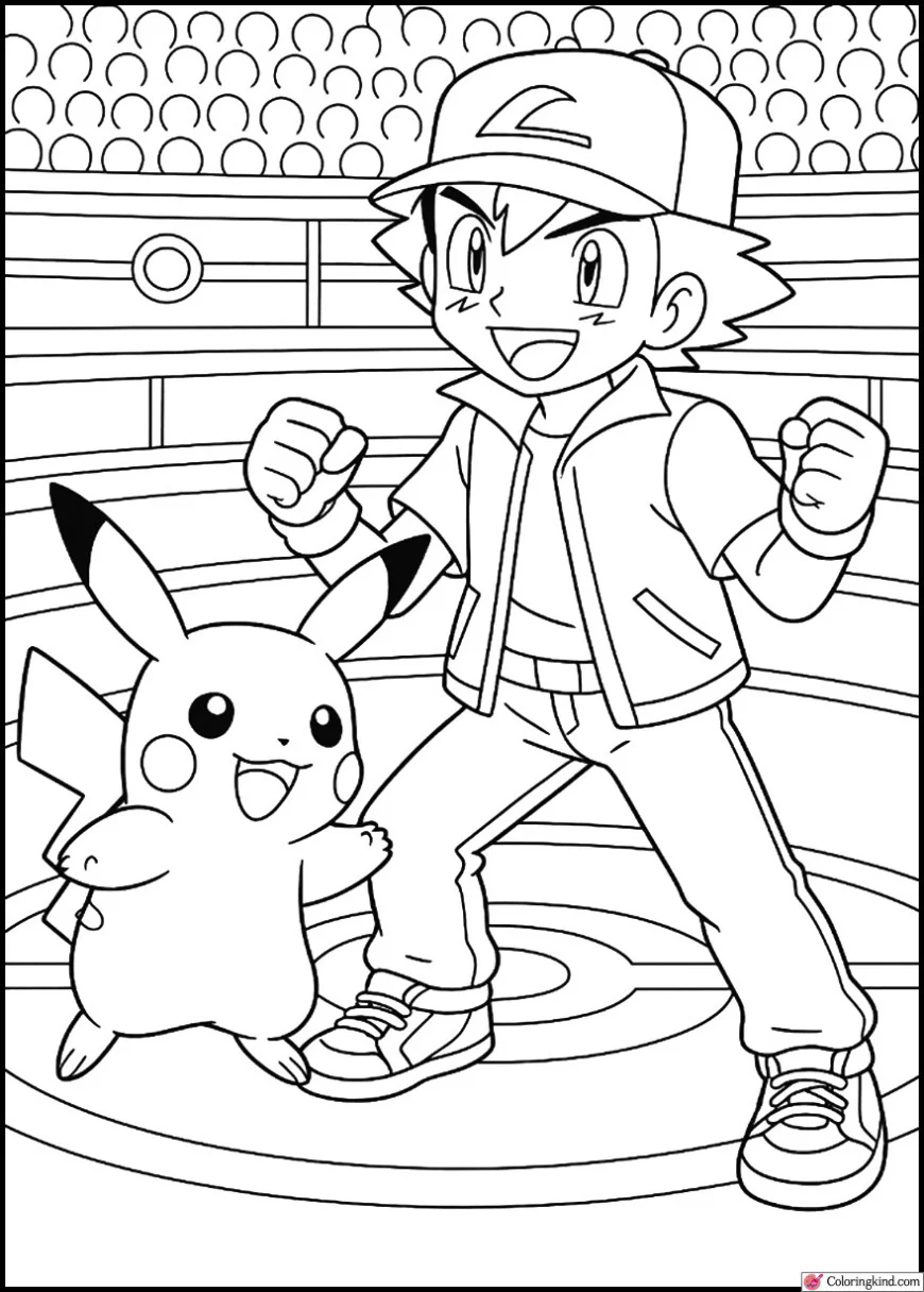 Ash and Pikachu in a Pokémon battle arena easy