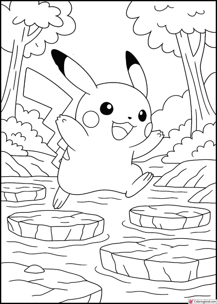Pikachu jumping across stone platforms