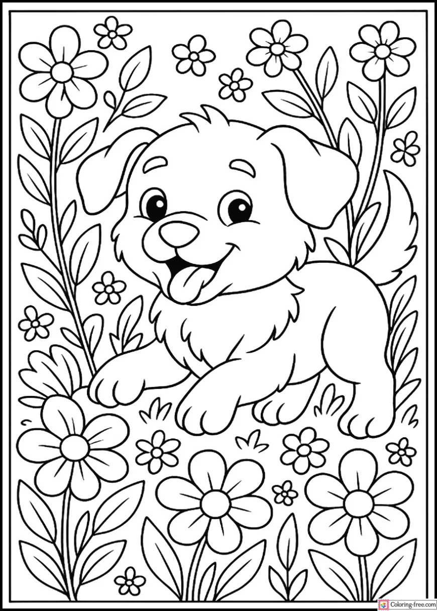 Cute puppy playing in a flower garden