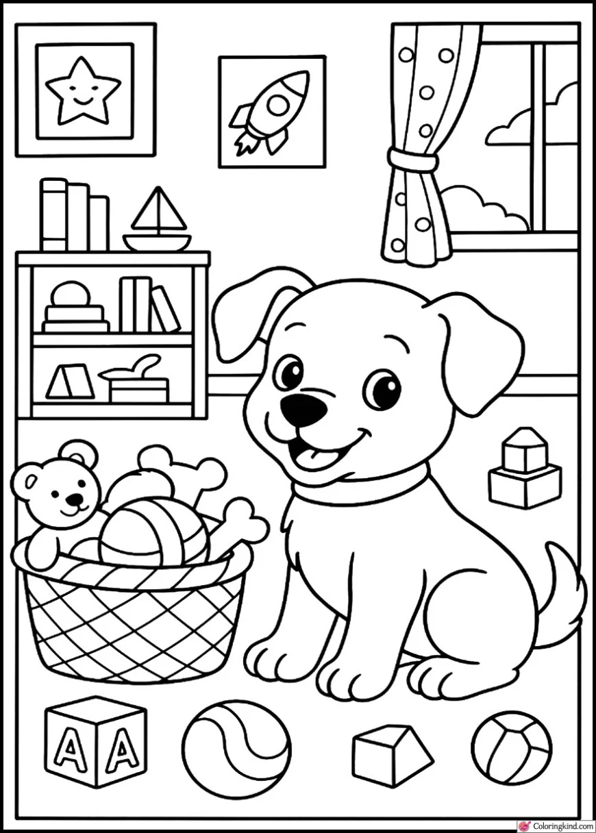 Puppy near a basket of toys