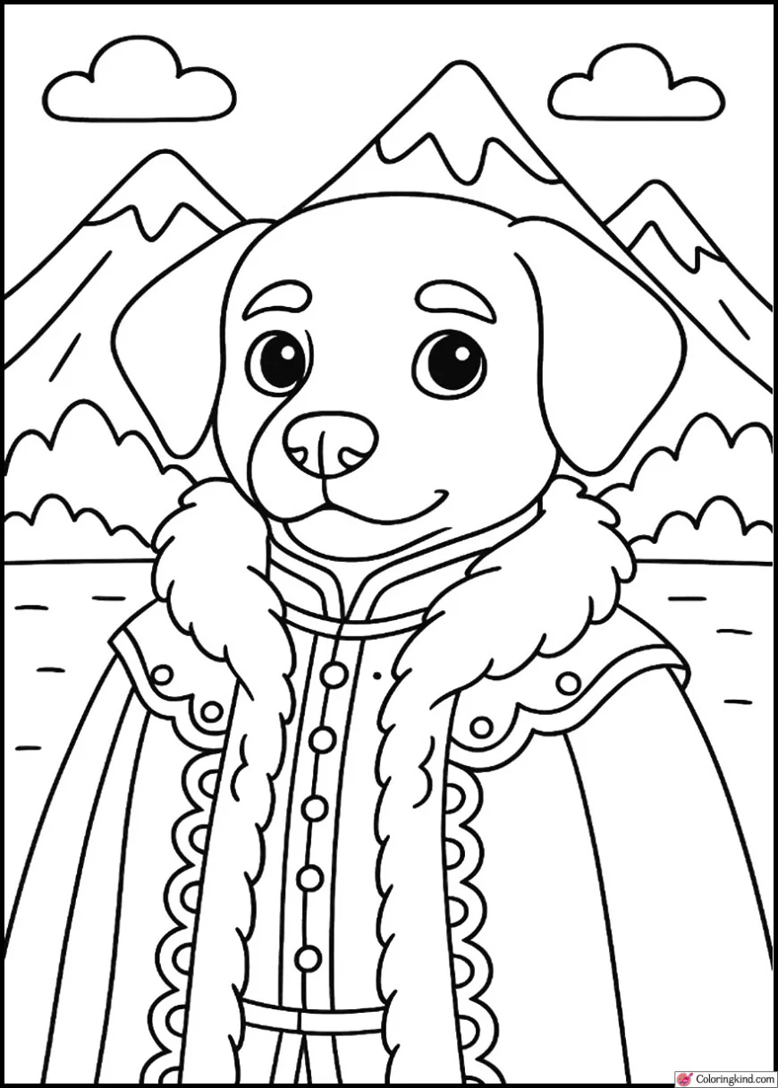 Puppy in a royal coat with mountains behind