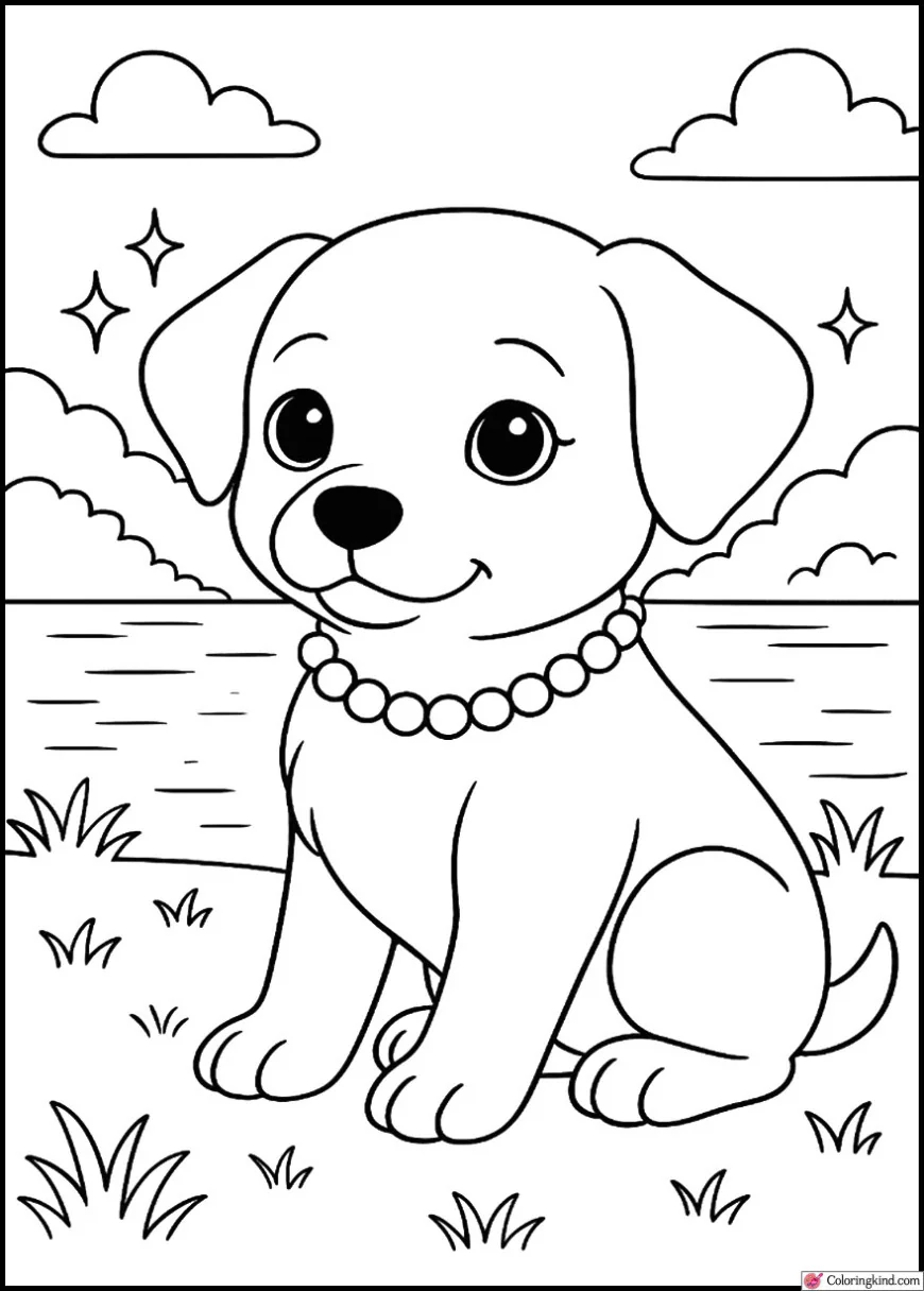 Beautiful puppy wearing pearls near a sparkling lake