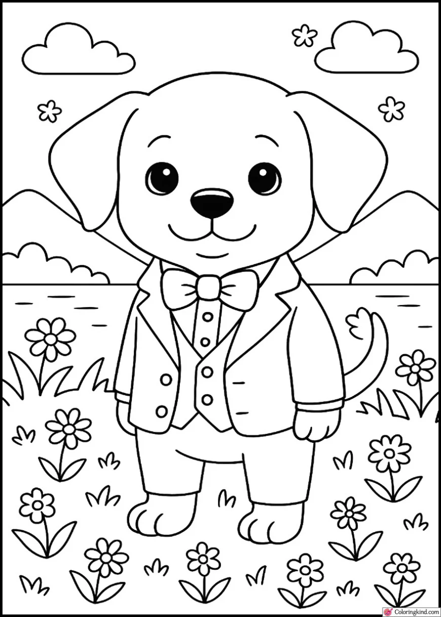 Puppy in a tuxedo standing in a flower meadow