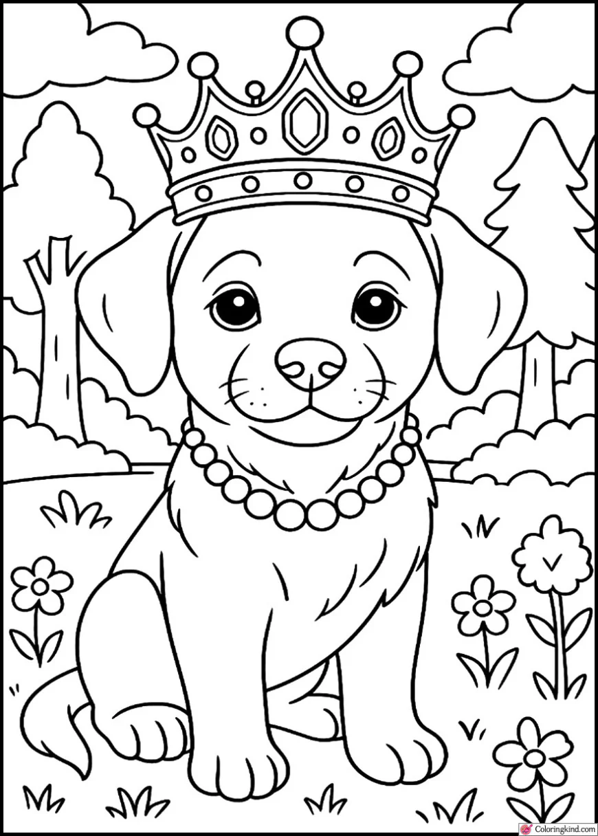 Puppy in a jeweled crown at the edge of a forest