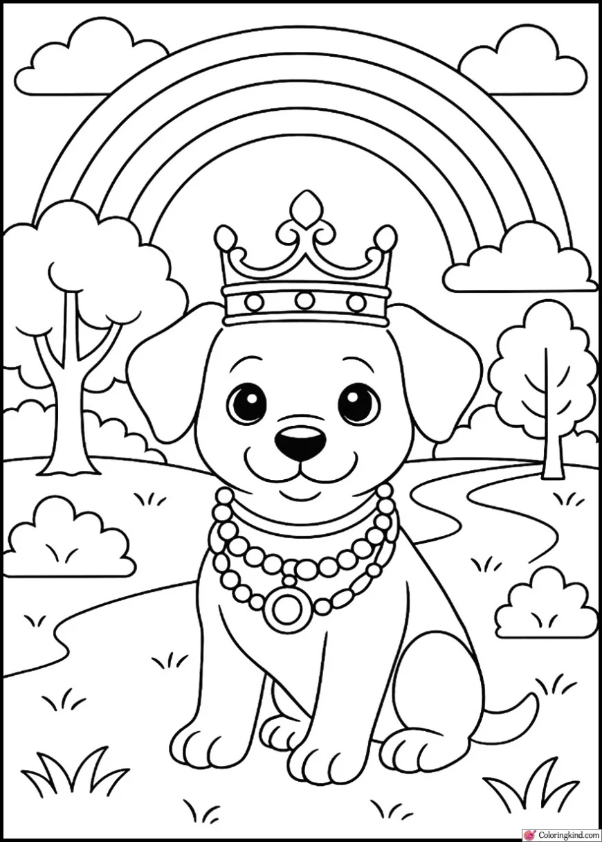 Puppy in golden jewelry under a rainbow in the park