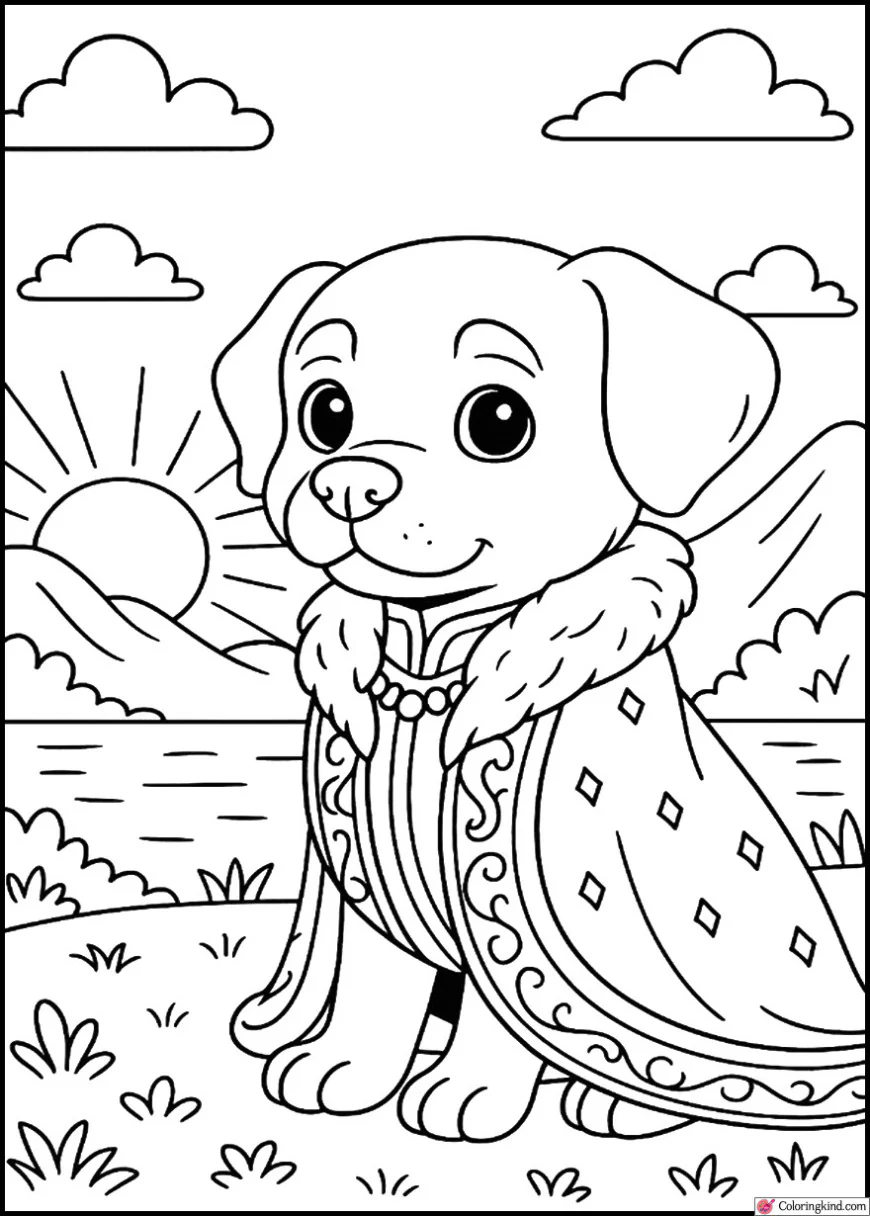 Puppy in a royal robe watching a sunset