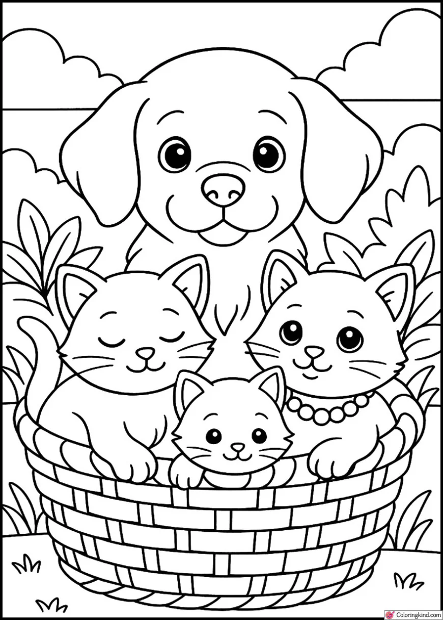 Puppy with kittens in a basket