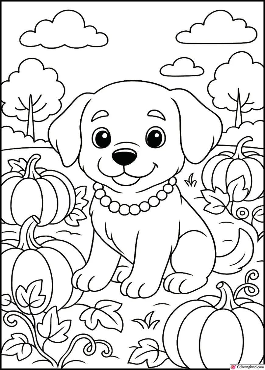 Cute puppy in a pumpkin patch