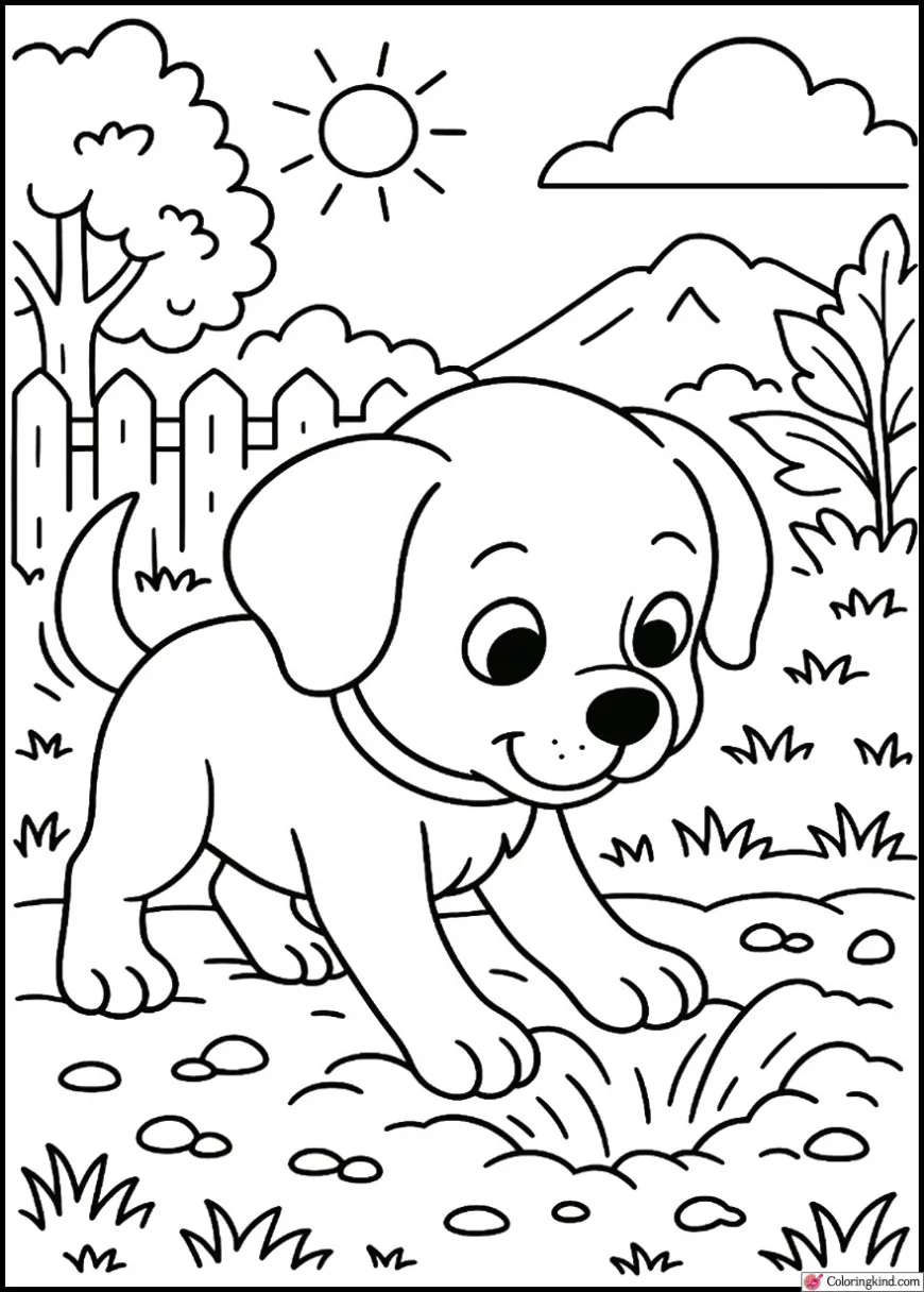 Puppy digging in the backyard garden