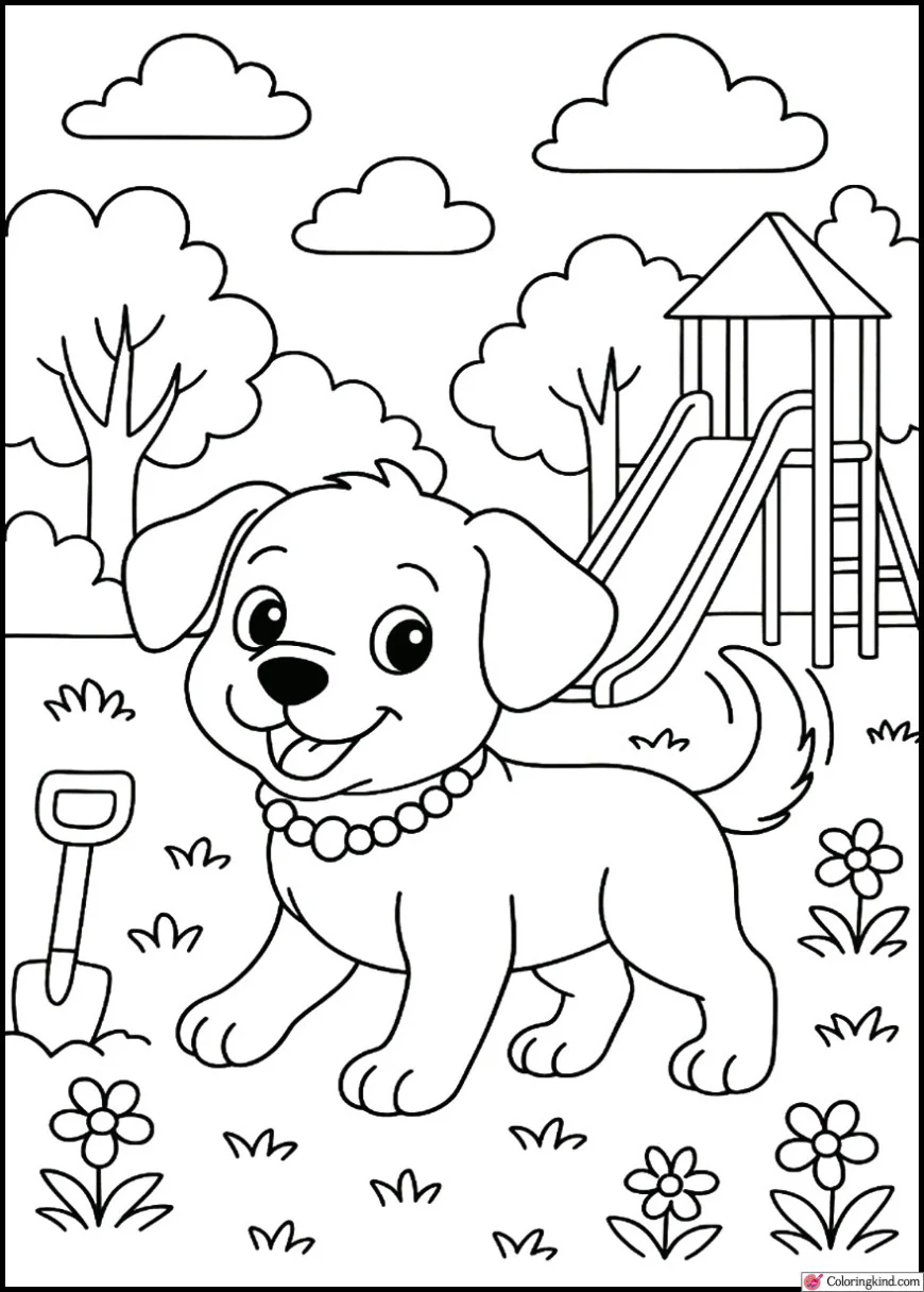 Puppy wagging tail in a park playground