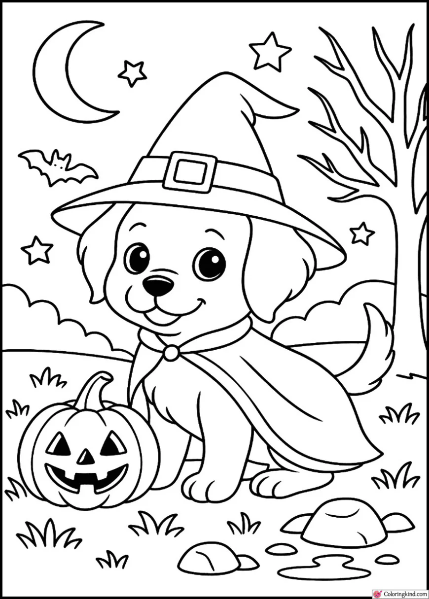 Cute puppy wearing a witch hat on Halloween night