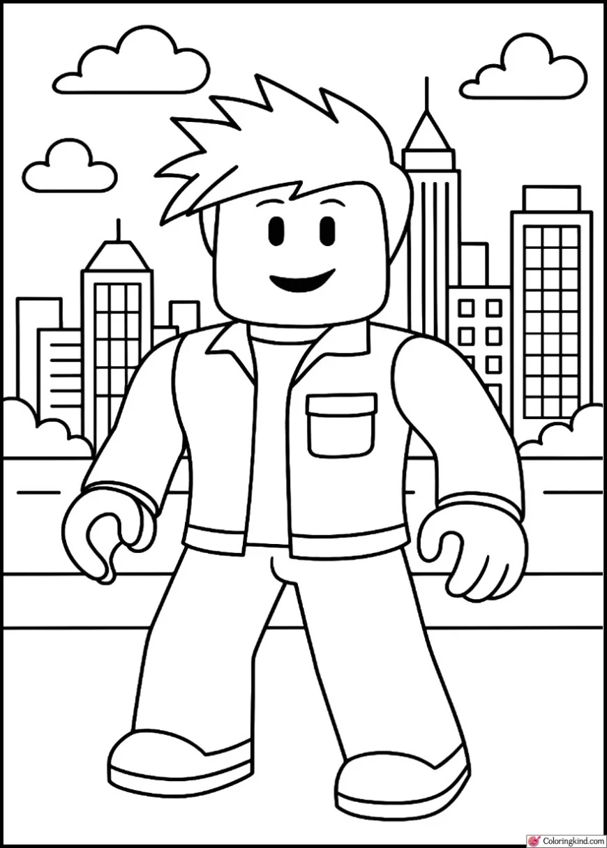 Roblox Character Standing in Front of City Skyline