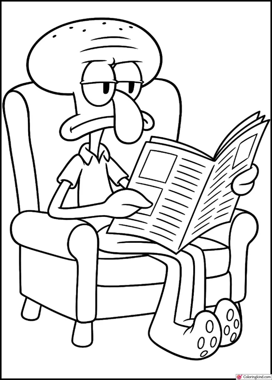 Squidward Sitting in Chair Reading Newspaper