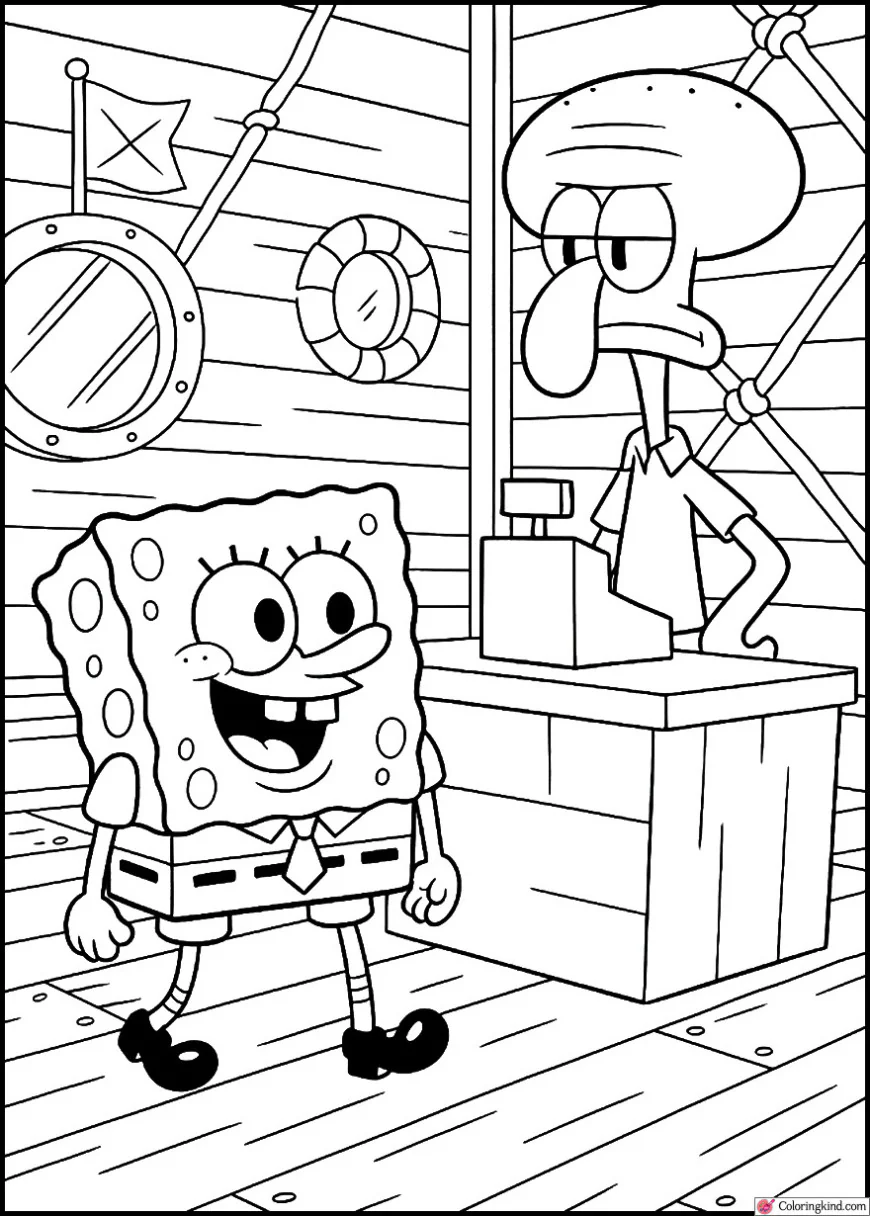 Squidward Standing at Cash Register with SpongeBob