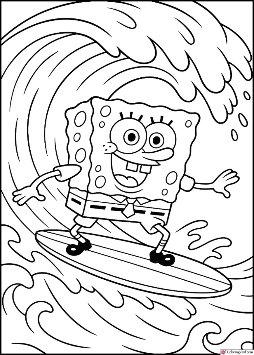 SpongeBob Surfing a Big Ocean Wave