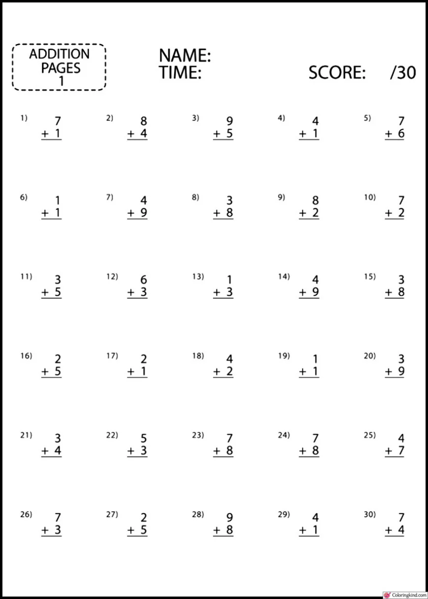 Addition Math Work List 1