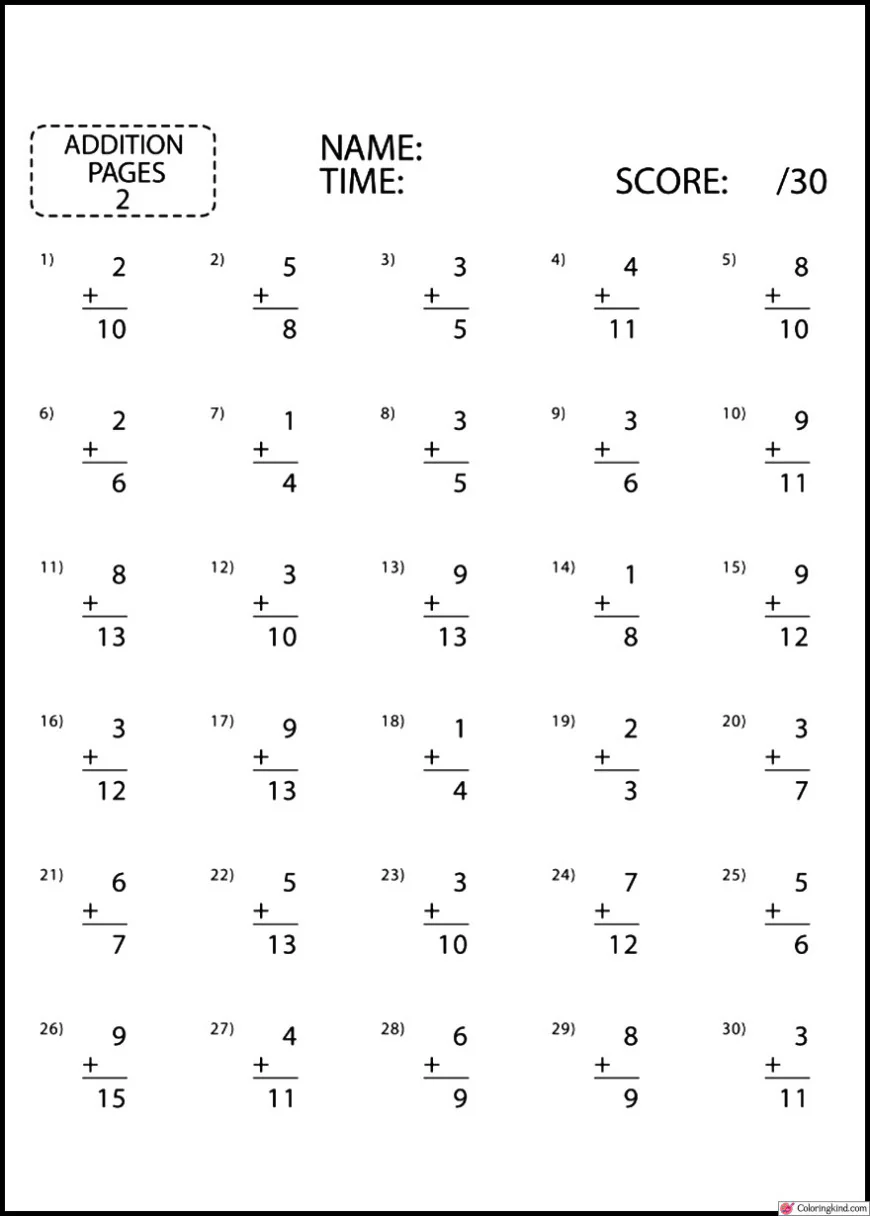 Addition Math Work List 1