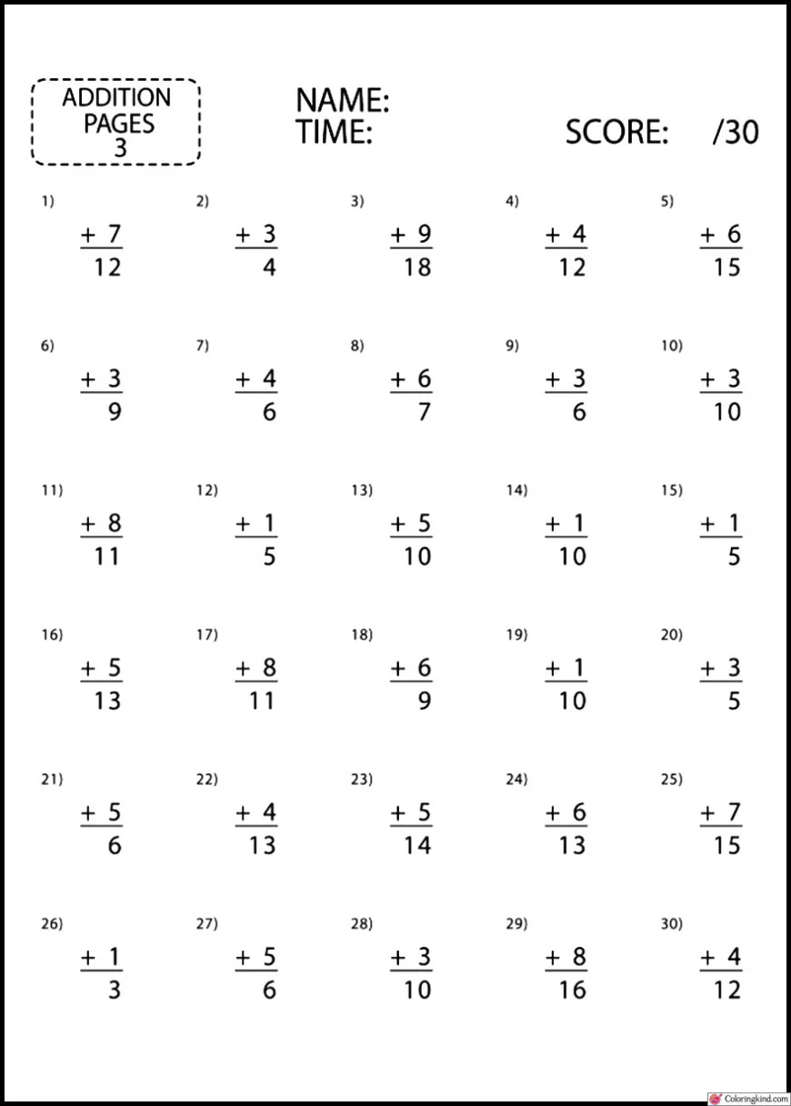 Addition Math Work List 1