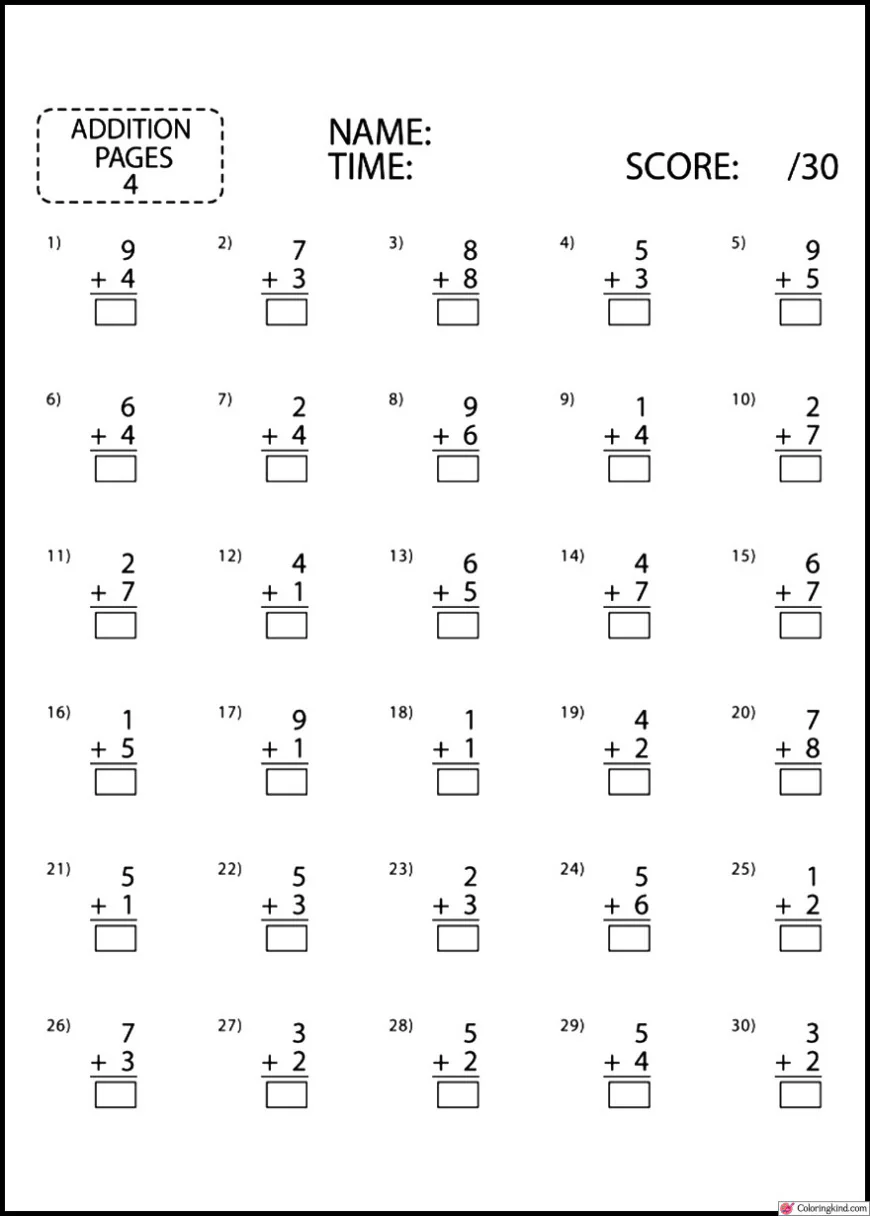 Addition Math Work List 1