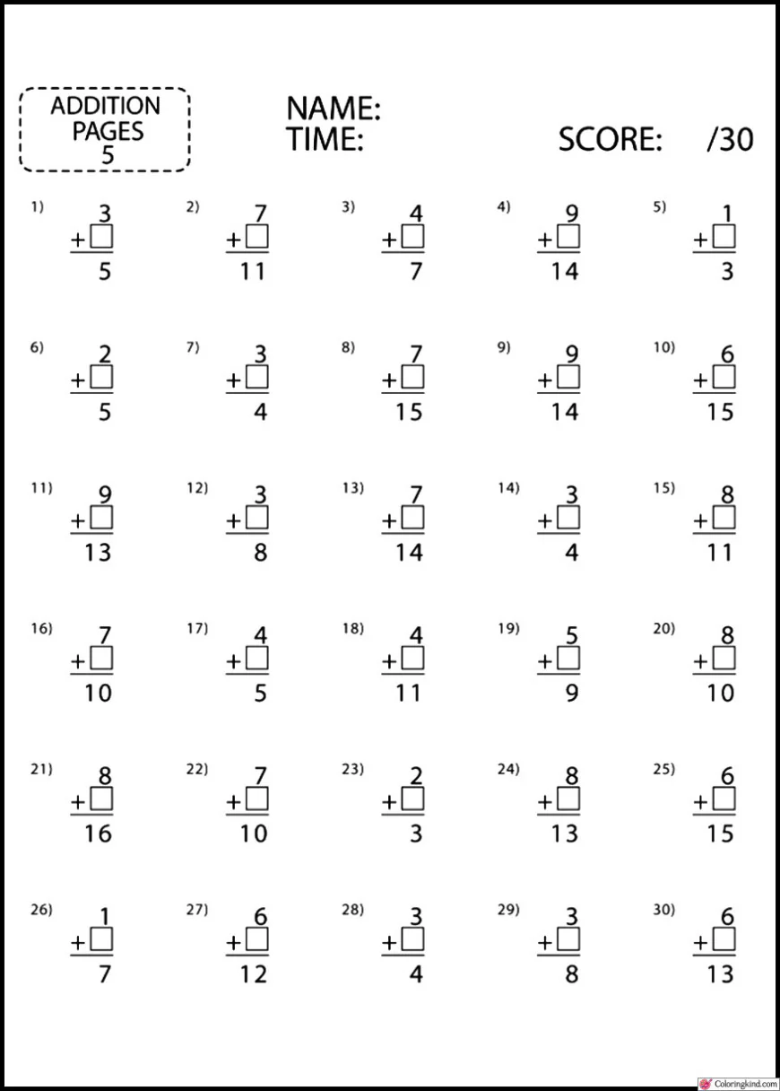 Addition Math Work List 1
