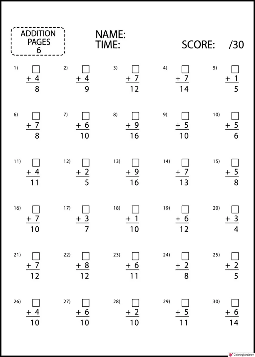 Addition Math Work List 1