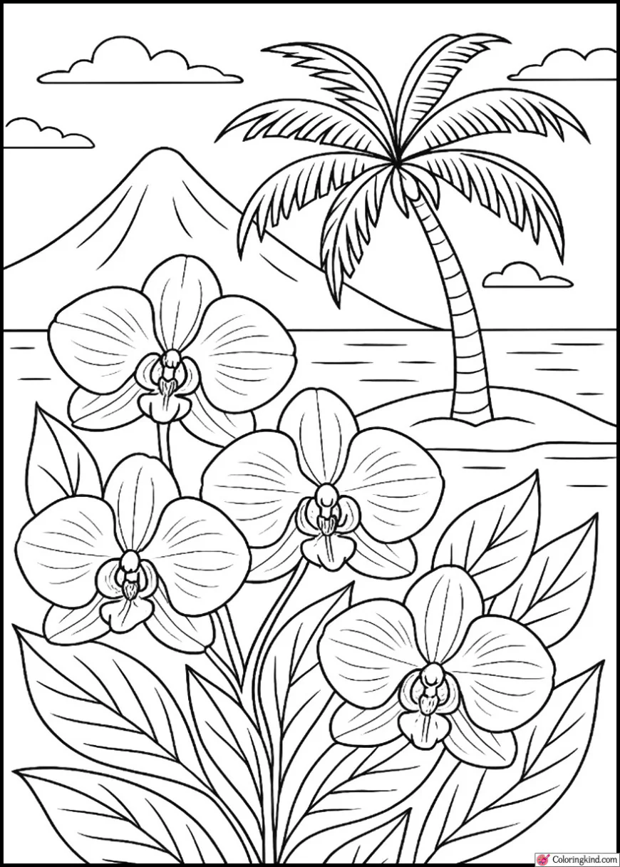 Tropical Island with Palm and Orchids