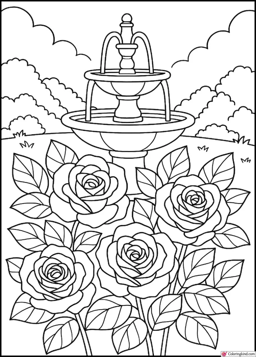 Garden Fountain with Roses