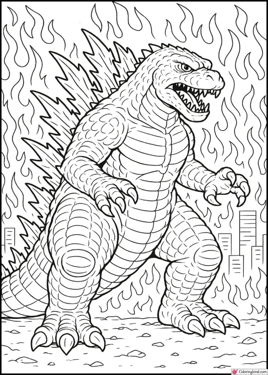 Godzilla Against a Burning City Skyline