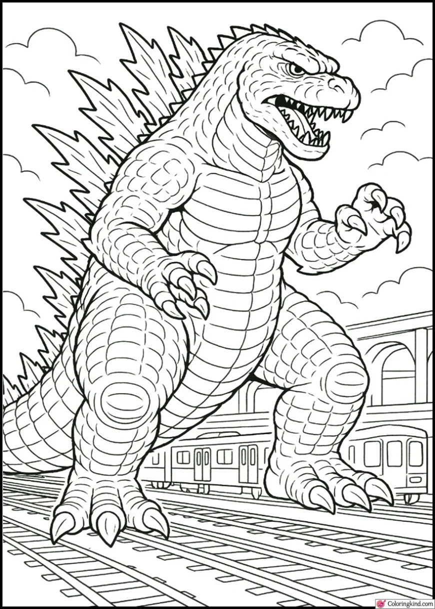 Godzilla Towering Over Subways and Trains