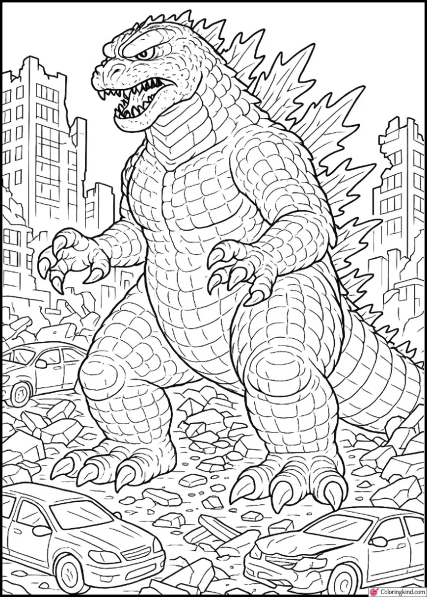 Godzilla Among Crashed Cars and Rubble