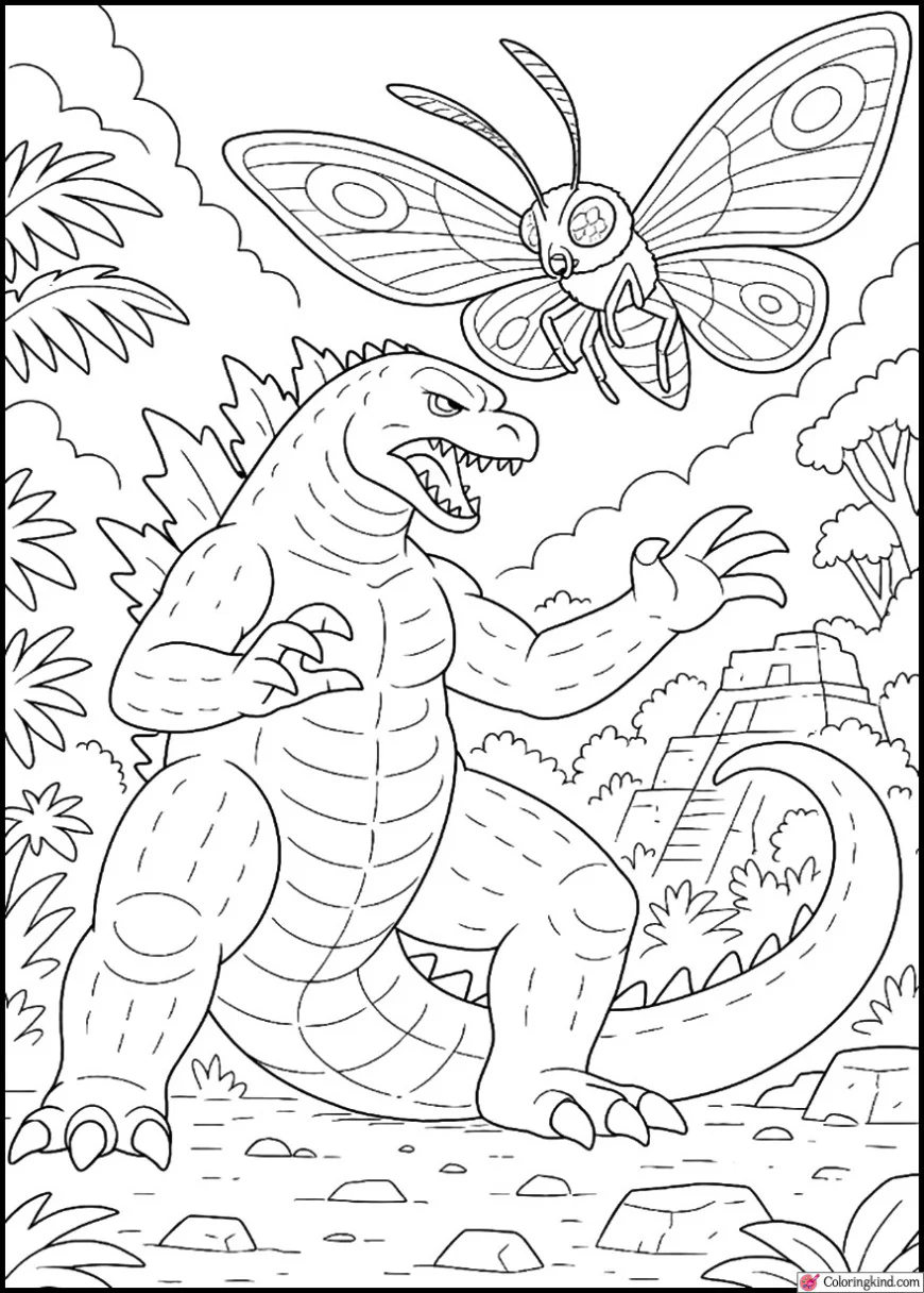 Godzilla Fighting Mothra in a Jungle Ruins
