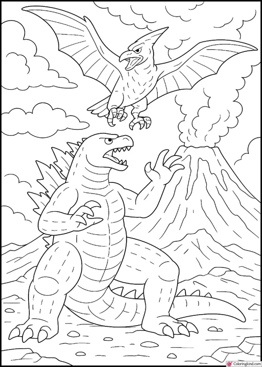 Godzilla vs. Rodan in Skies Above Volcano