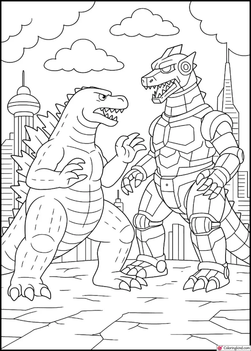 Godzilla vs. Mechagodzilla with Futuristic Cityscape