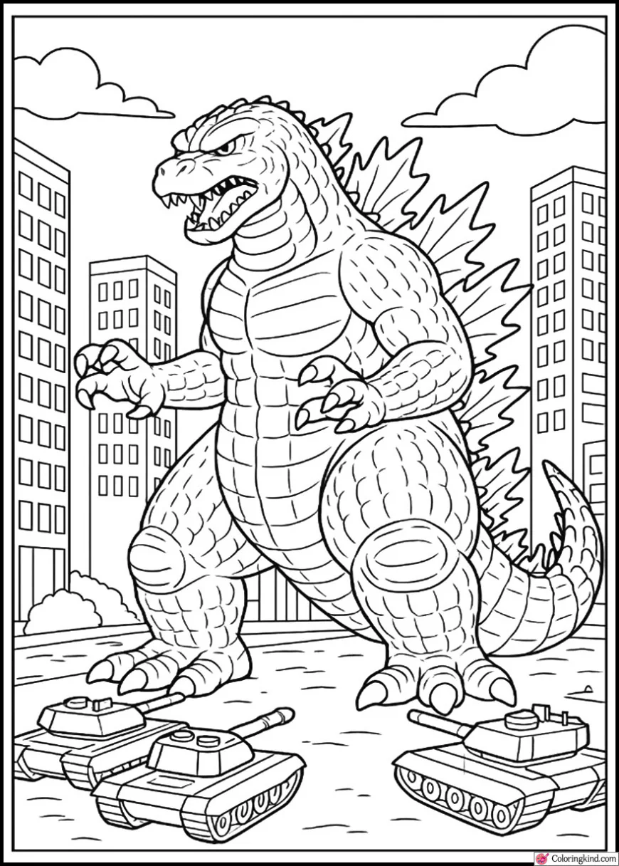 Godzilla Surrounded by Tanks on City Streets