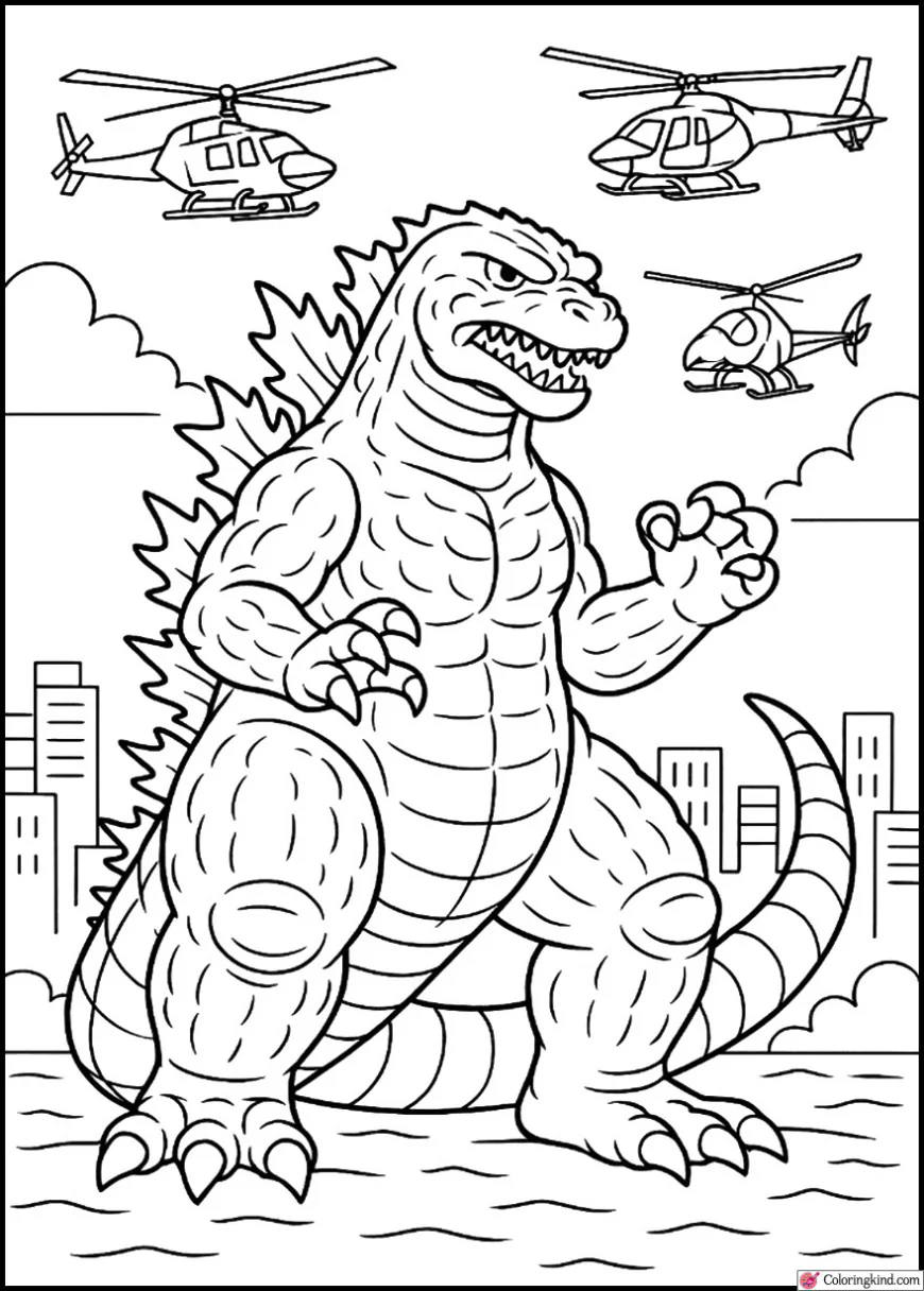 Godzilla with Helicopters in Battle Formation