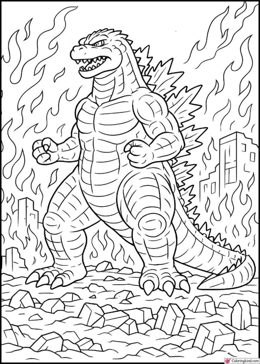 Godzilla Standing Victorious in Burning Ruins