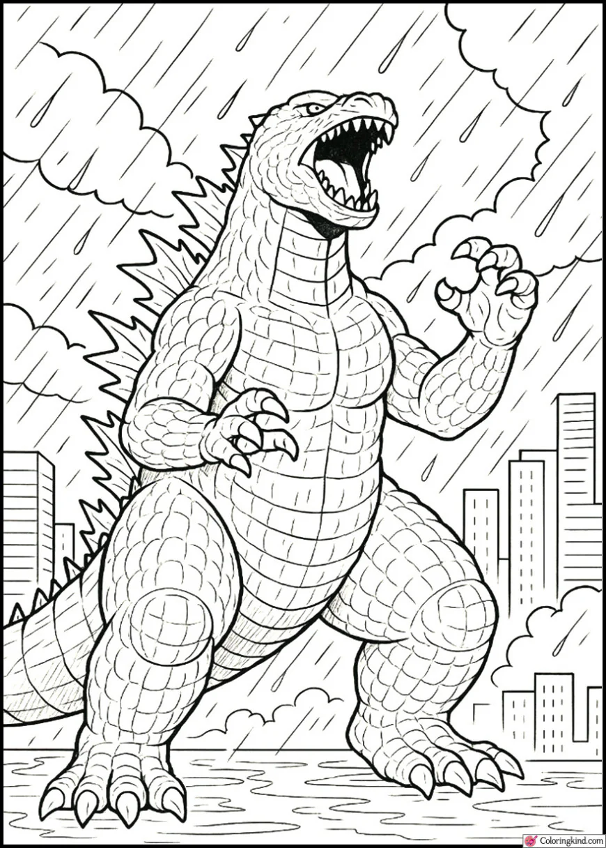 Godzilla Roaring in Rainstorm Cityscape