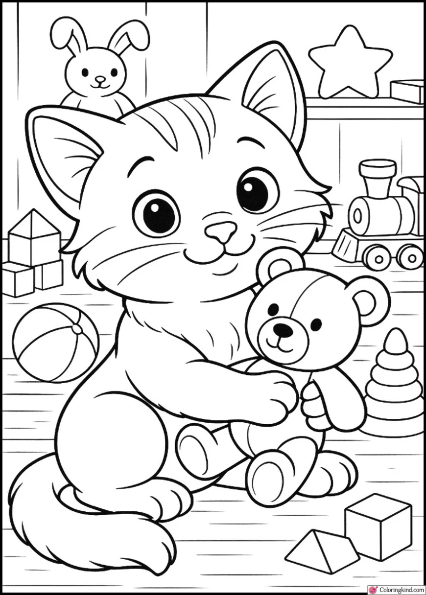 Kitty hugging plush teddy bear on floor, toy-filled room