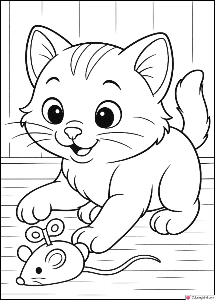 Kitty playing with wind-up mouse toy