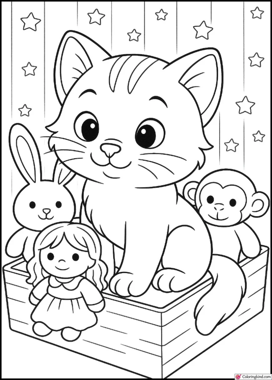 Kitty sitting in toy box full of soft dolls