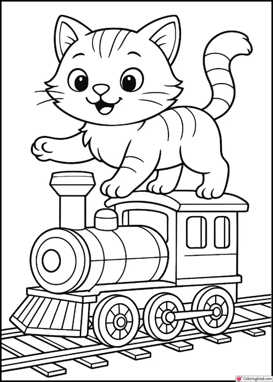Kitty balancing on toy train track, fun scene