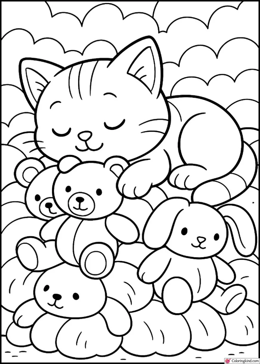 Kitty sleeping on pile of soft plush toys